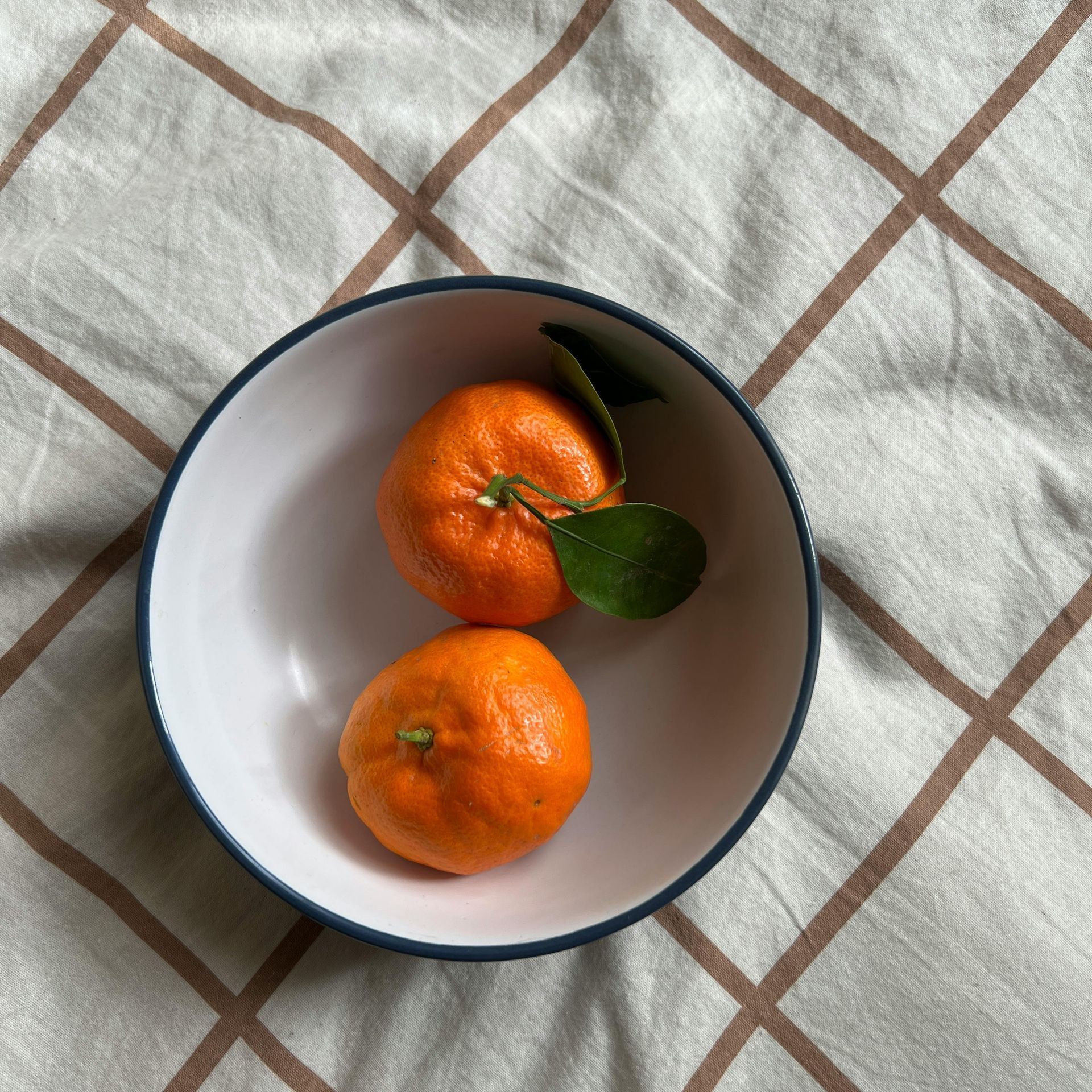 Two oranges in a bowl on a checkered cloth