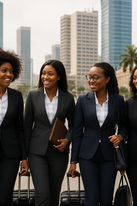Um grupo de pessoas está sentado em mesas em um escritório usando laptops.