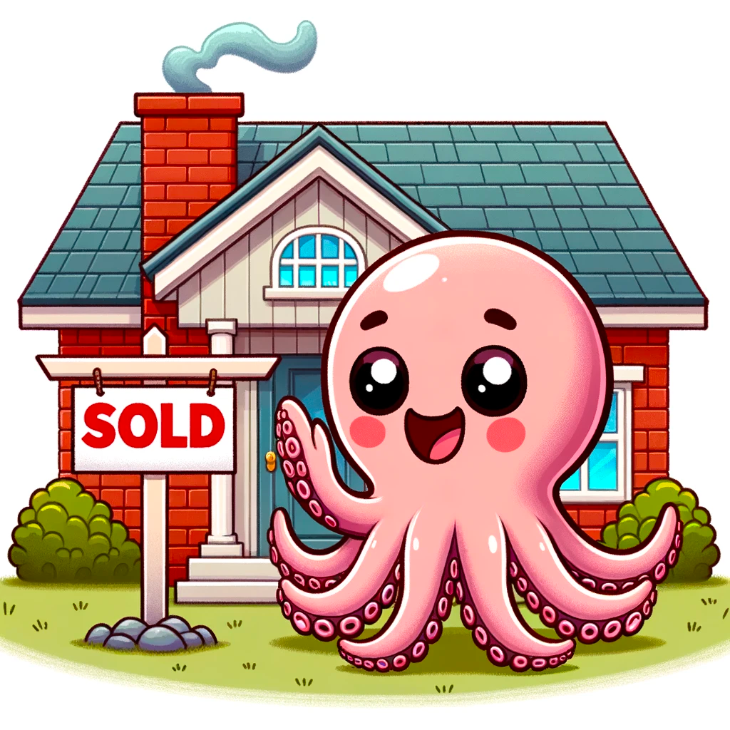 ai generated octopus in front of home with a sold sign