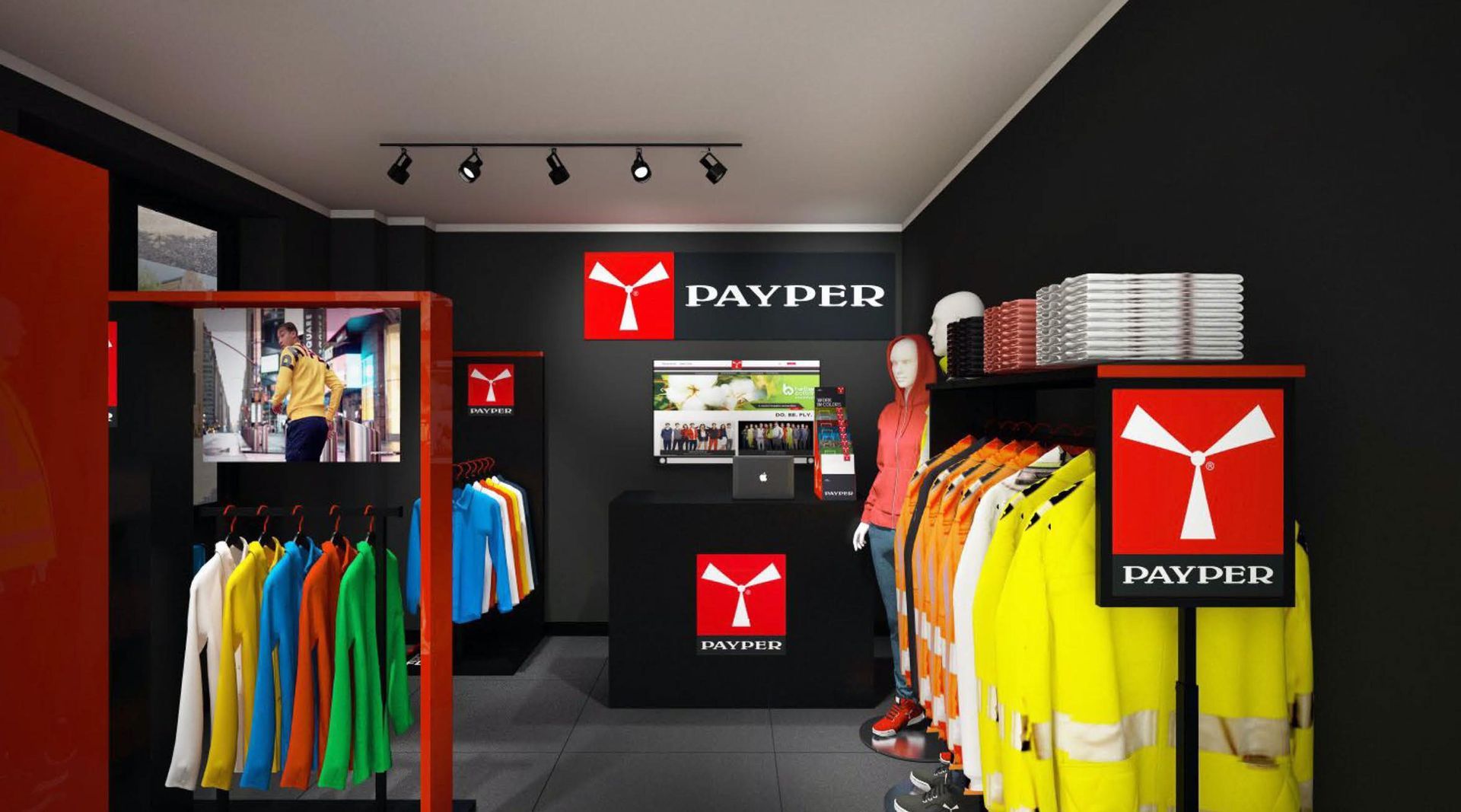 Interno di un negozio Payper con espositori per vestiti, un bancone e il marchio su sfondo nero.