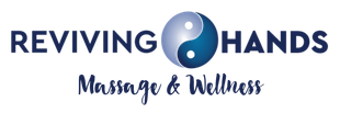 Logo for "Reviving Hands" massage and wellness: text above a yin-yang symbol and text.