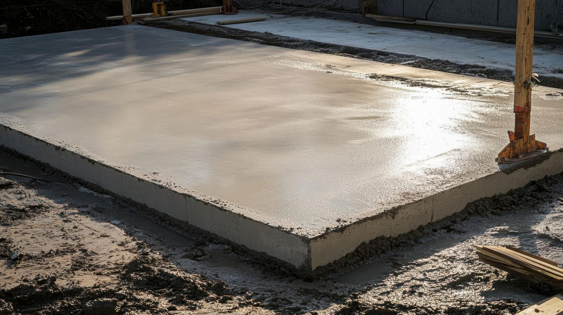A concrete slab is being built on a construction site.