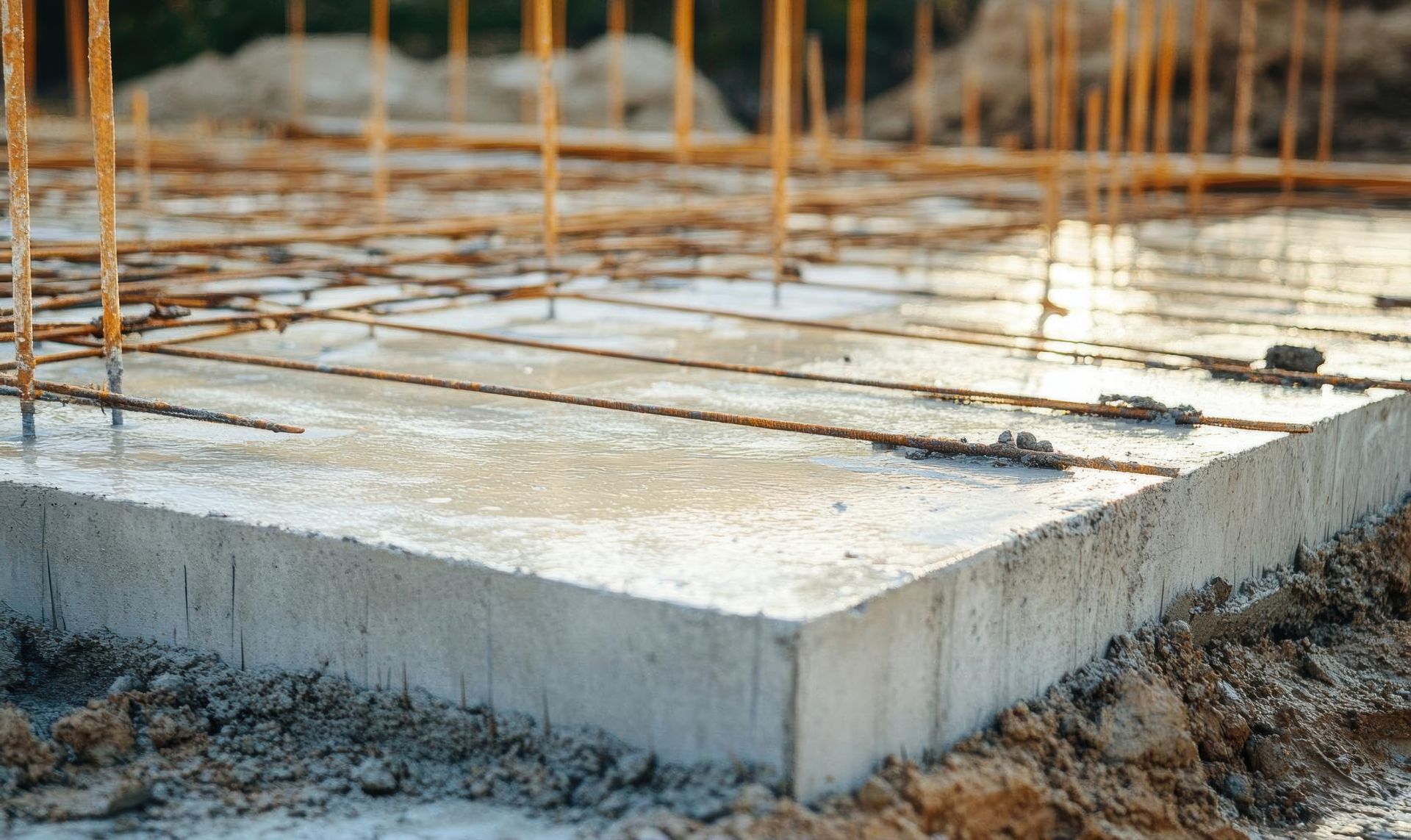 A concrete foundation is being built on a construction site.