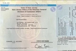 New Jersey Home Improvement Contractor license for Veterans Restoration LLC, listing license number 13VH13019600.