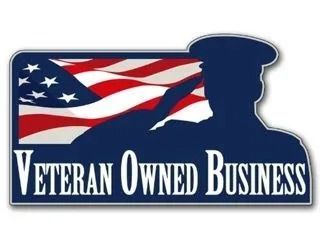 Veteran Owned Business logo: American flag, silhouetted soldier saluting. Text: "VETERAN OWNED BUSINESS".