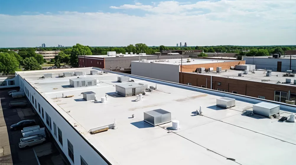Aerial view of commercial building rooftops with HVAC units, blue sky, and trees in the background.