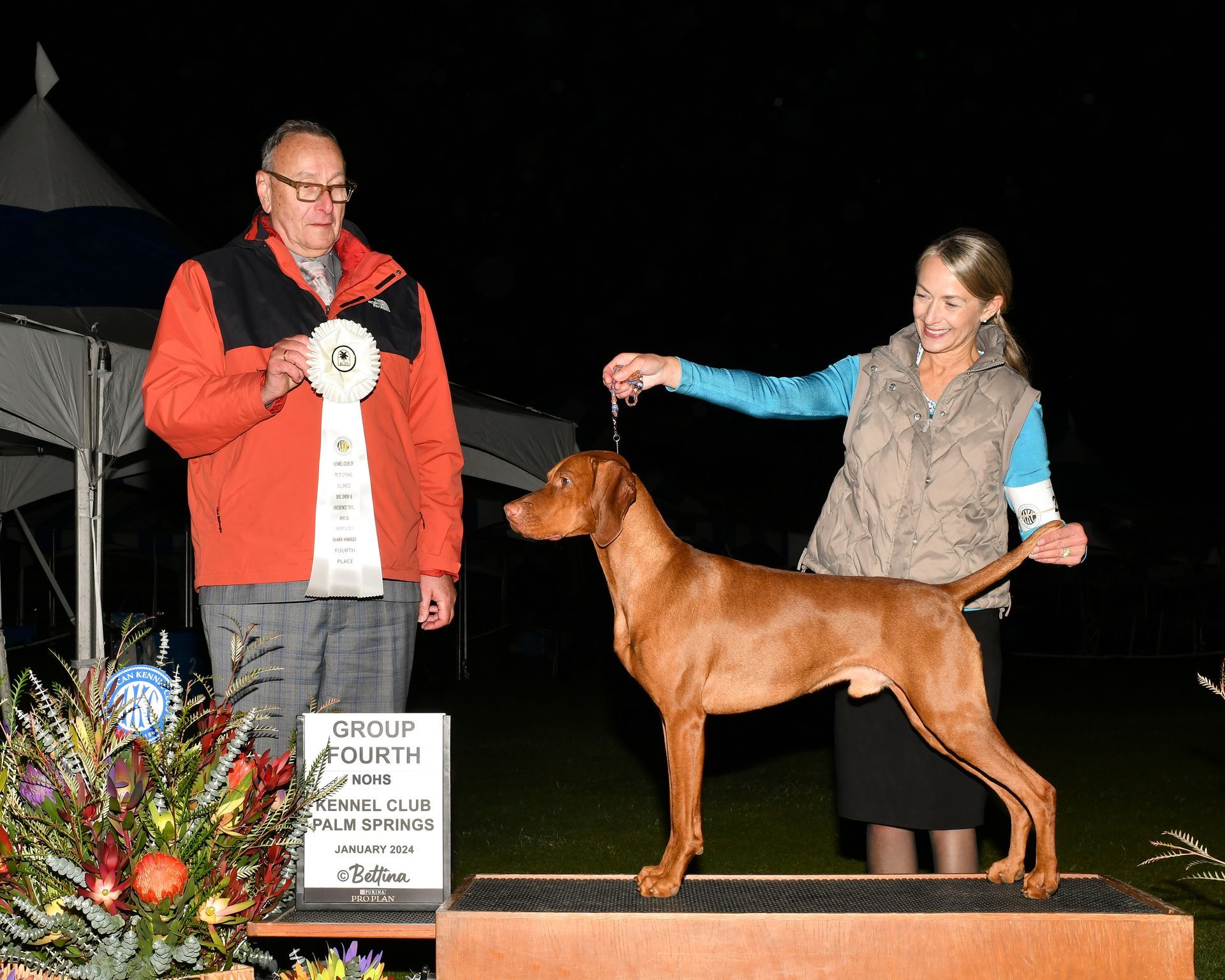 A man and a woman holding a ribbon next to a brown dog