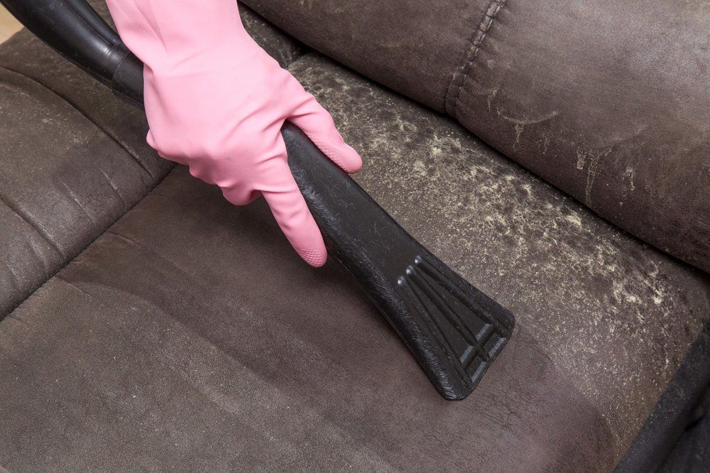 Person Wearing a Pink Glove Vacuums a Brown Couch — Les's Eco Carpet Cleaning in Byron Bay, NSW