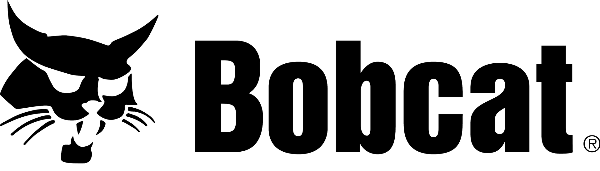 A black and white bobcat logo with a cat 's head.