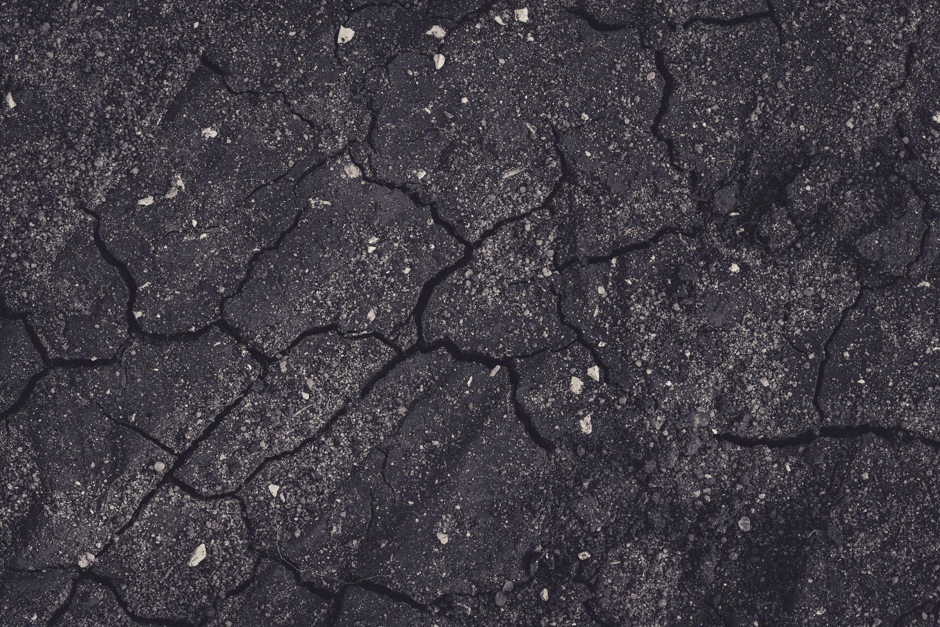 Cracked, dry, dark earth with small white specks scattered across its surface.