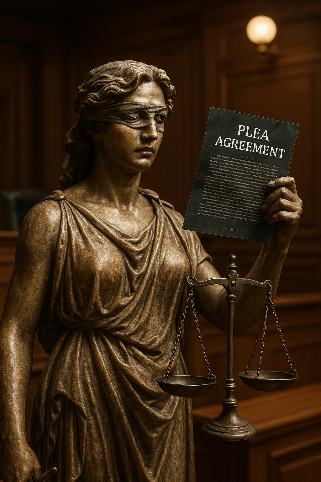 Lady Justice holding a plea agreement, blindfolded with a tear rolling down her cheek, symbolizing R