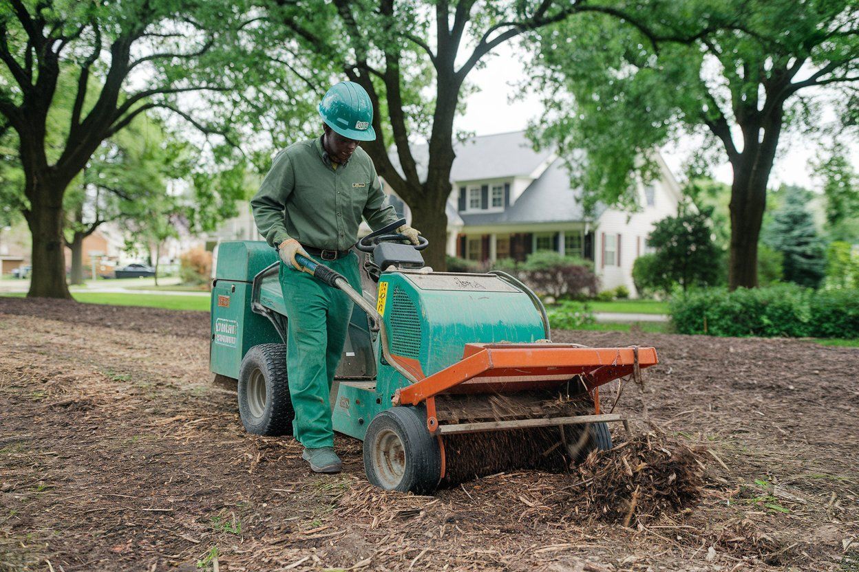 A man is raking leaves in front of a lawn mower