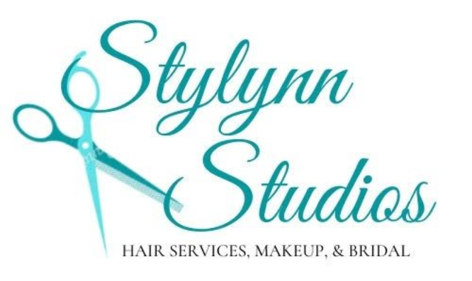 Stylinn Studios logo: teal script text with scissors, tagline 