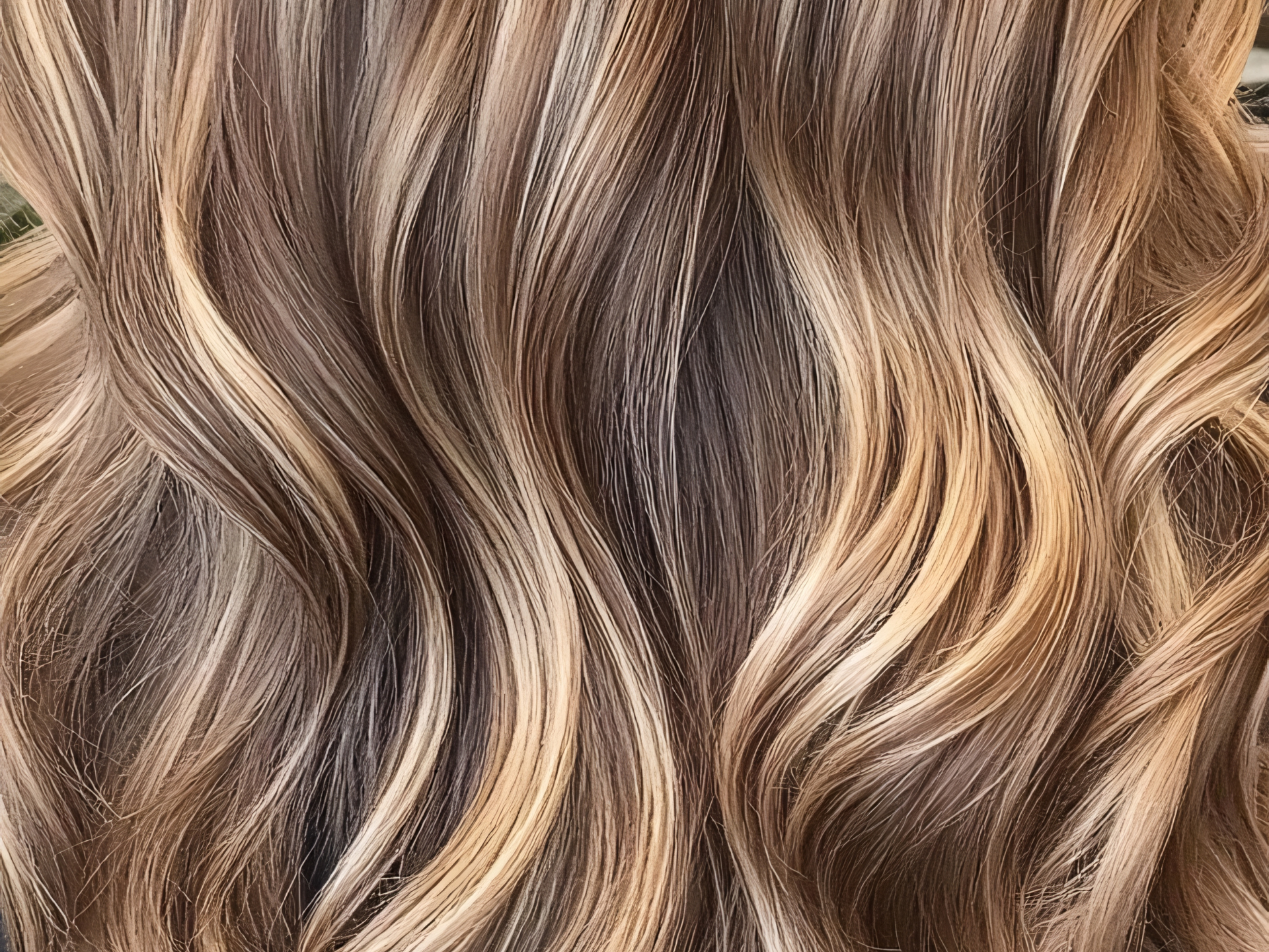 Wavy light brown hair with blonde highlights.
