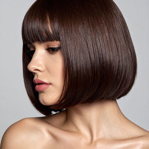 Woman with smooth, straight, dark-brown bob haircut and bangs, looking to the side.