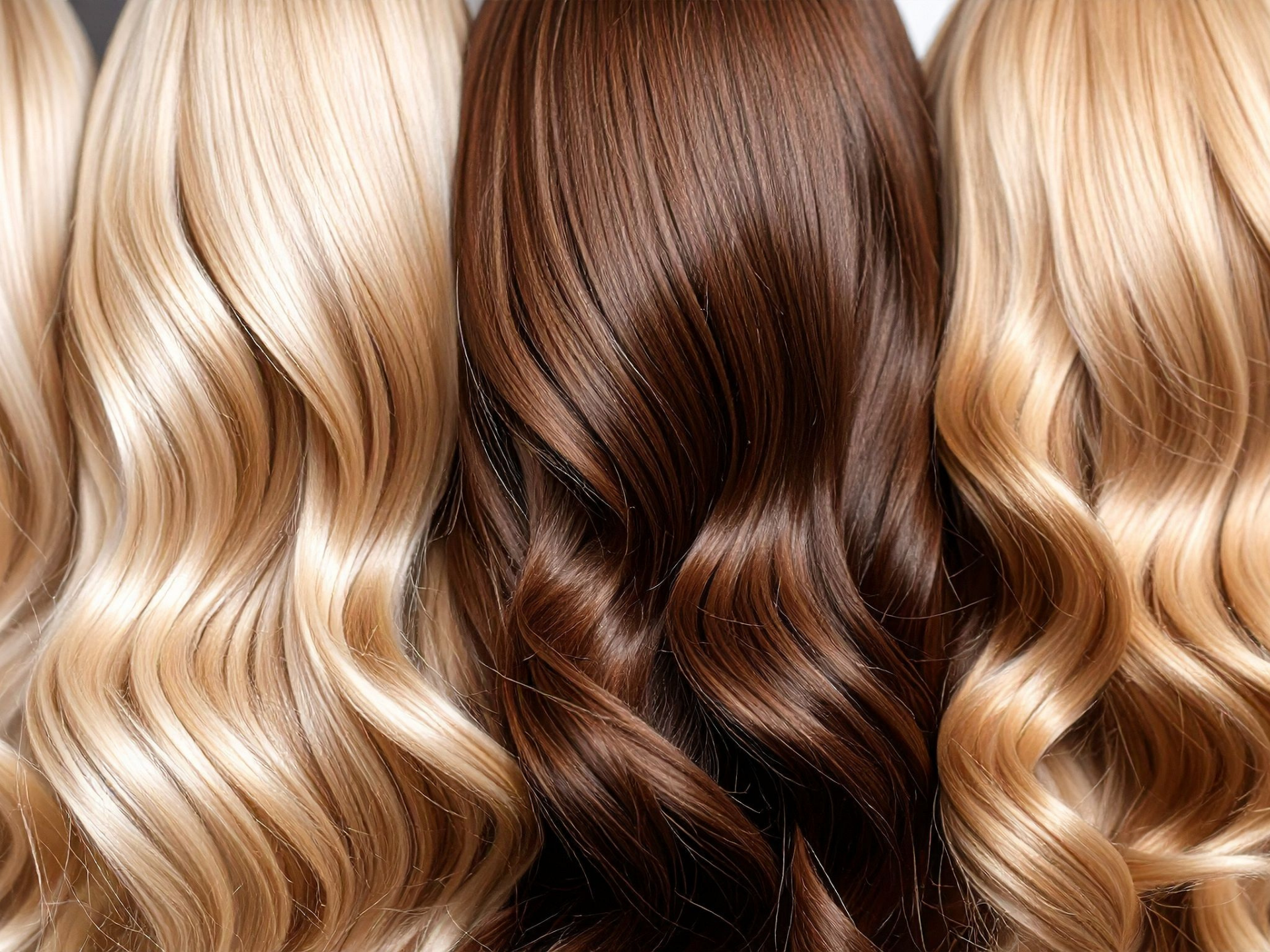 Close-up of wavy hair in shades of blonde and brown.