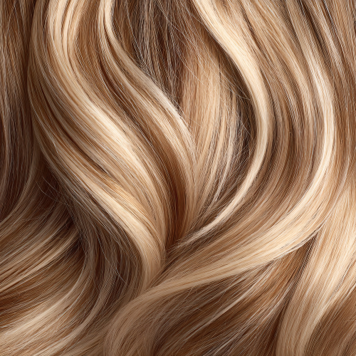 Close-up of wavy, light brown and blonde highlighted hair.