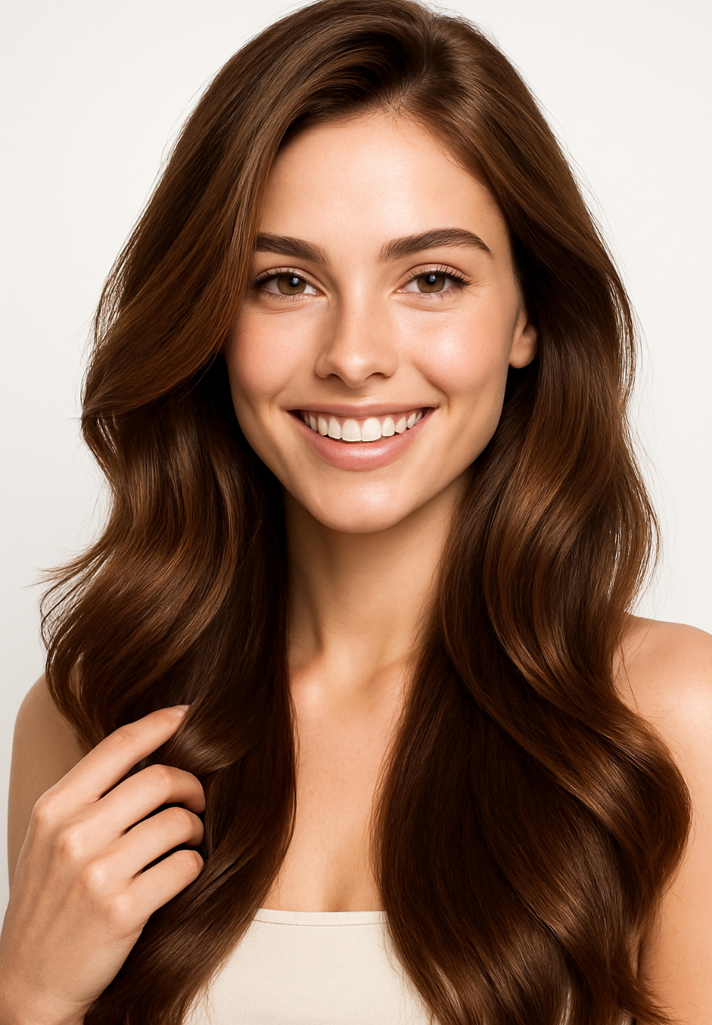 Woman with long, wavy brown hair smiles at the camera, hand touching hair, in front of a white background.
