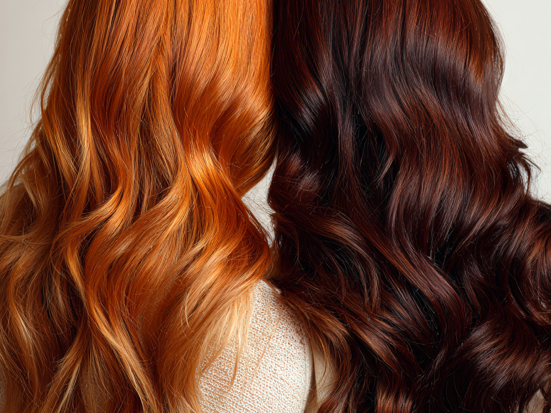 Two heads of hair, one fiery orange, one dark auburn, side-by-side with wavy locks.