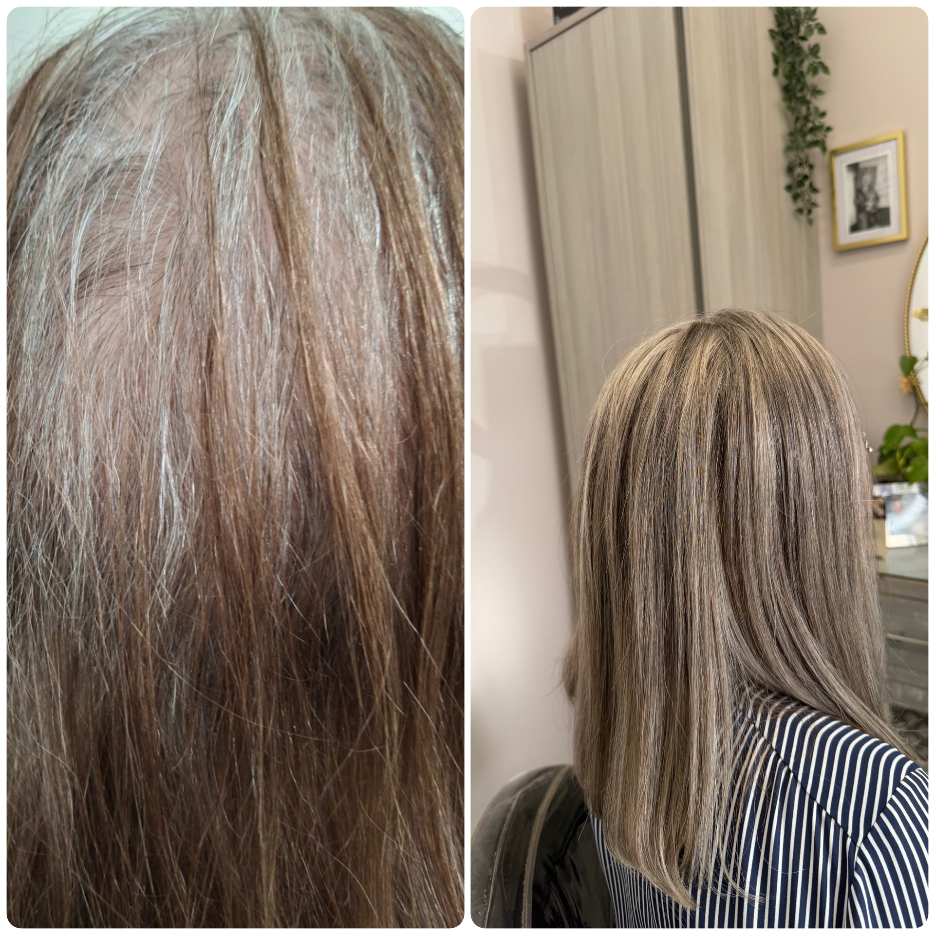 Hair stylist curling client's hair with curling iron. Blonde hair, pink ribbon, ring light.