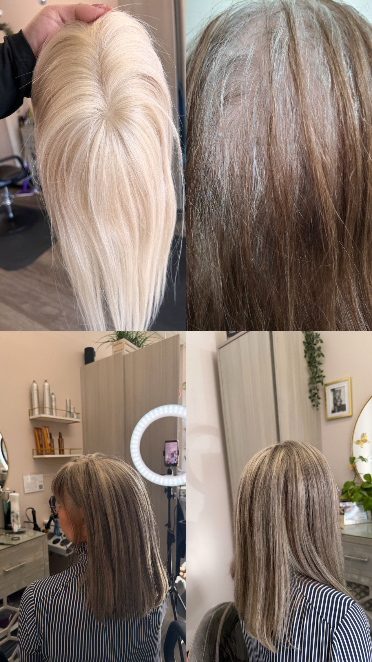 Hand holding a strand of brown hair, showing hair extensions attached to the scalp with small beads.