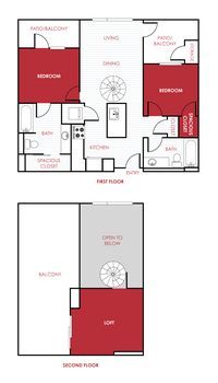 Floor plan of a two-story apartment. Red areas indicate bedrooms, open loft area, and bathrooms.