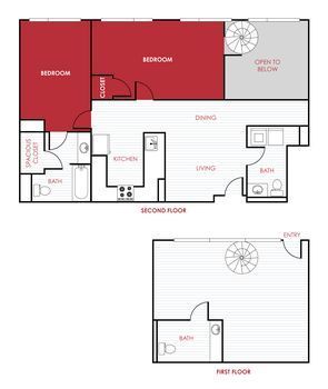 Floor plan: two-story apartment. Second floor has red bedrooms, kitchen, dining, and living. First floor has spiral staircase, bath.