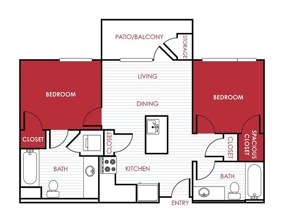 Floor plan of a two-bedroom apartment with a patio, kitchen, and two bathrooms. Red-shaded bedrooms.
