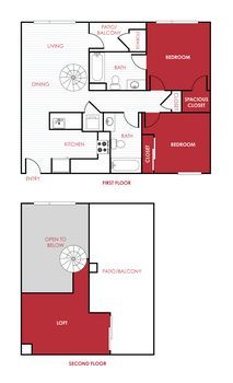 Floor plan of a two-story apartment; red bedrooms, kitchen, living, and loft spaces. Spiral staircase visible.