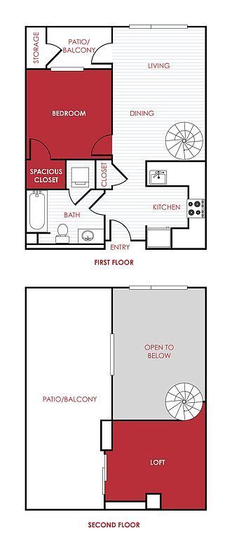 Floor plan of a two-story apartment with bedrooms, bathroom, living, dining, and balcony. Red areas highlight a bedroom.