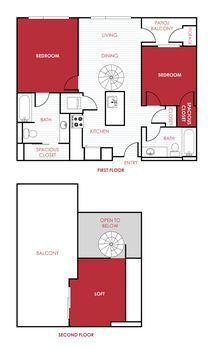 Floor plan of a multi-level apartment; red shaded bedrooms, kitchen, living room, and balcony.