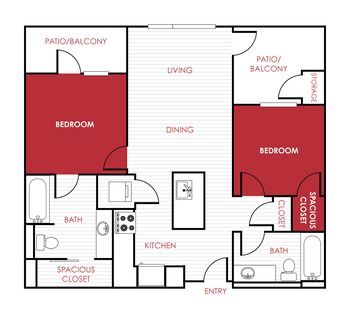 Floor plan of a two-bedroom apartment with living, dining, and kitchen areas, two baths, and balconies.