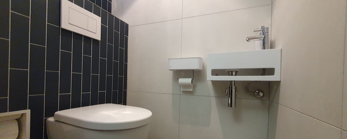 Een badkamer met toilet, wastafel en douche.