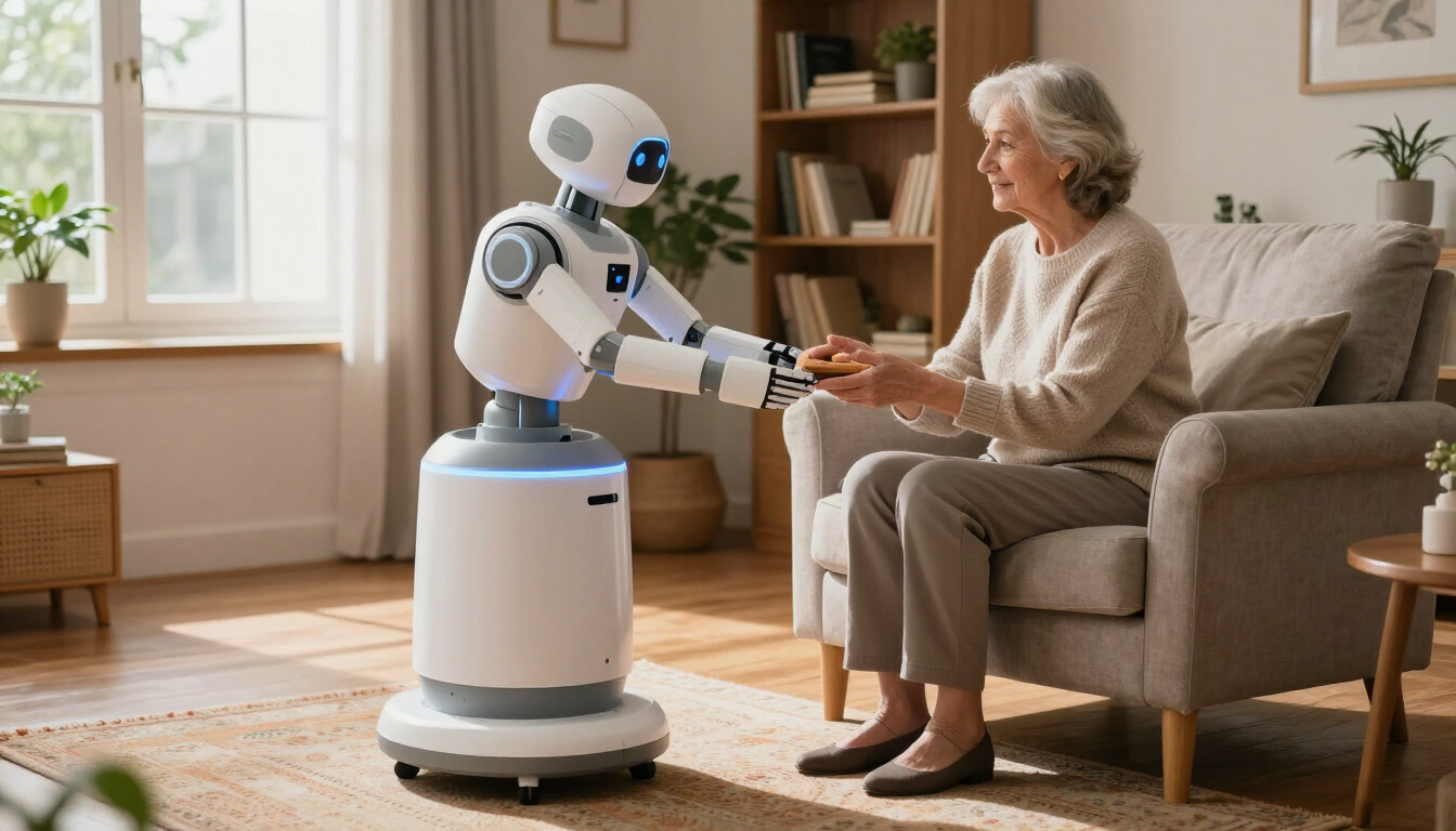 myBuddy v2 care robot in living room with older woman