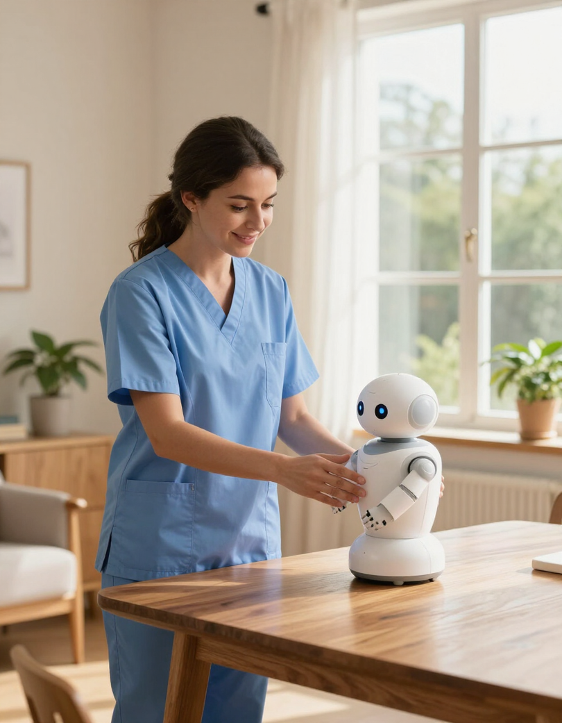 A care professional interacting with myBuddy in a warm domestic setting