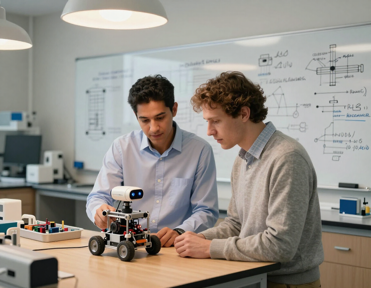 Two researchers at TUM engineering lab with a robot prototype on the workbench