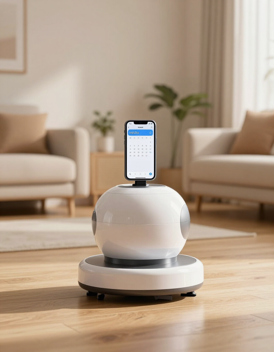 myBuddy v1 robot showing myDay app UI on mounted phone in warm living room