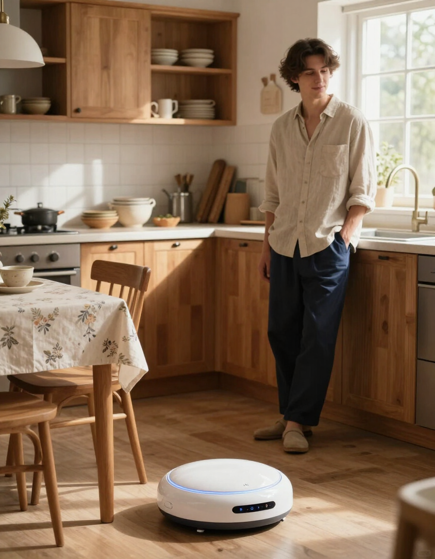 Person in a warm morning kitchen with myBuddy v1 robot nearby
