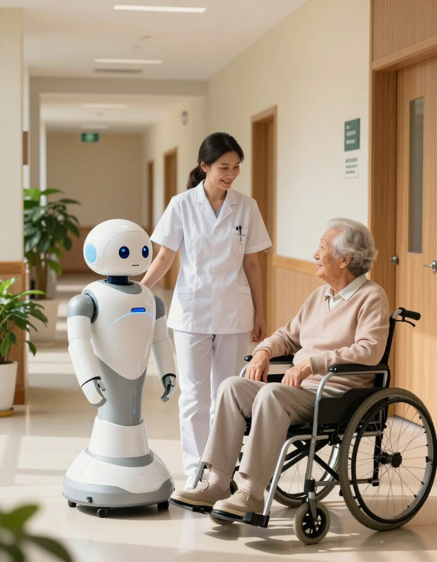 myBuddy v2 robot in a senior care facility corridor beside a caregiver and resident