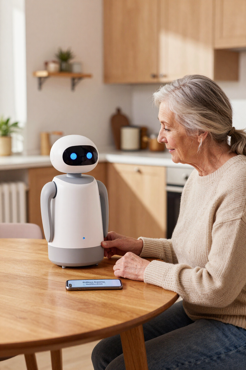 myBuddy robot in a warm kitchen beside an elderly woman having morning coffee, with a wellness summary visible on a phone