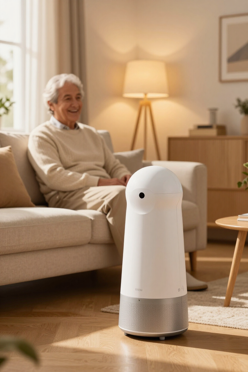 myBuddy home assistant robot in a warm living room with an elderly person seated nearby