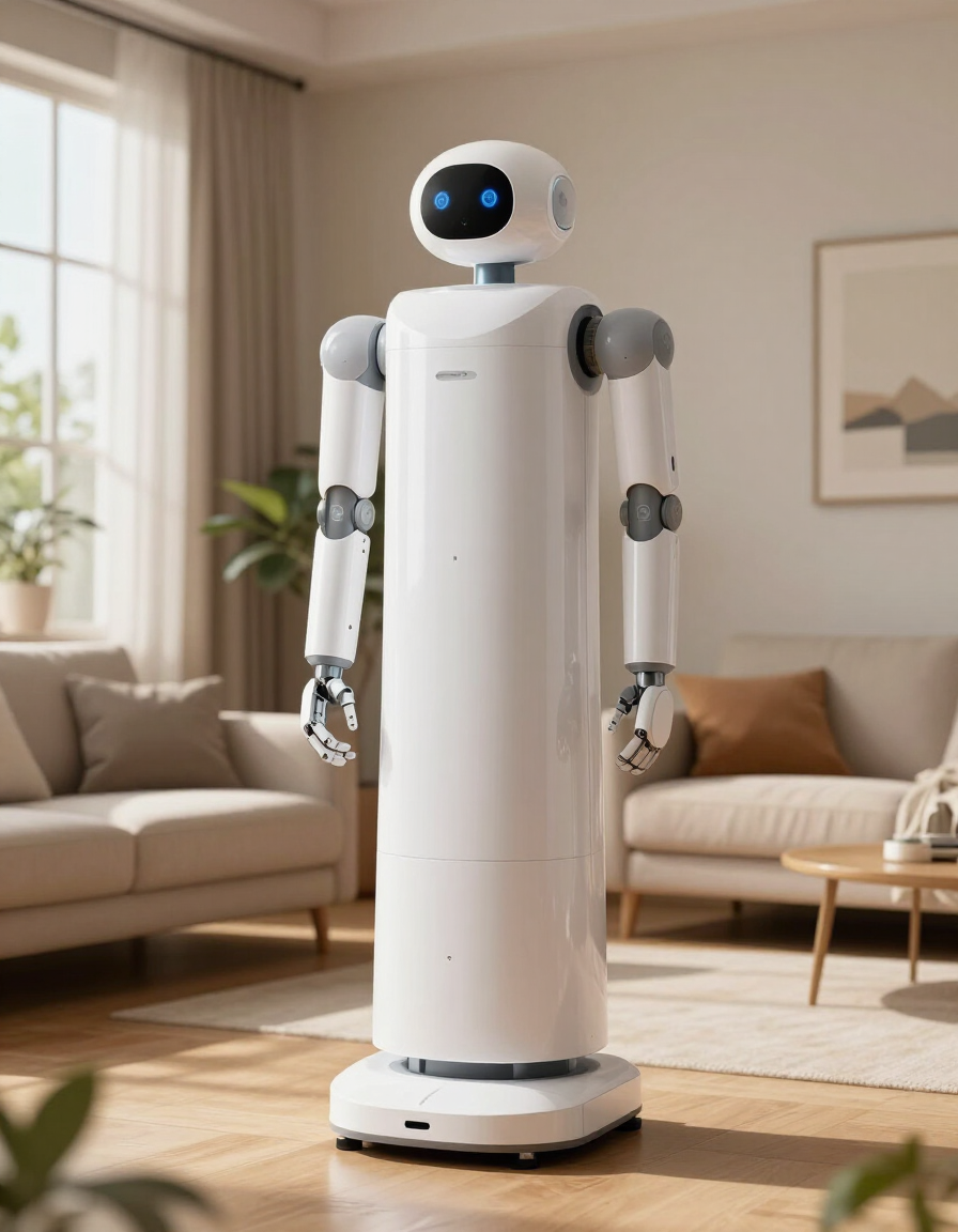 myBuddy v2 care robot with robotic arms in a warm living room