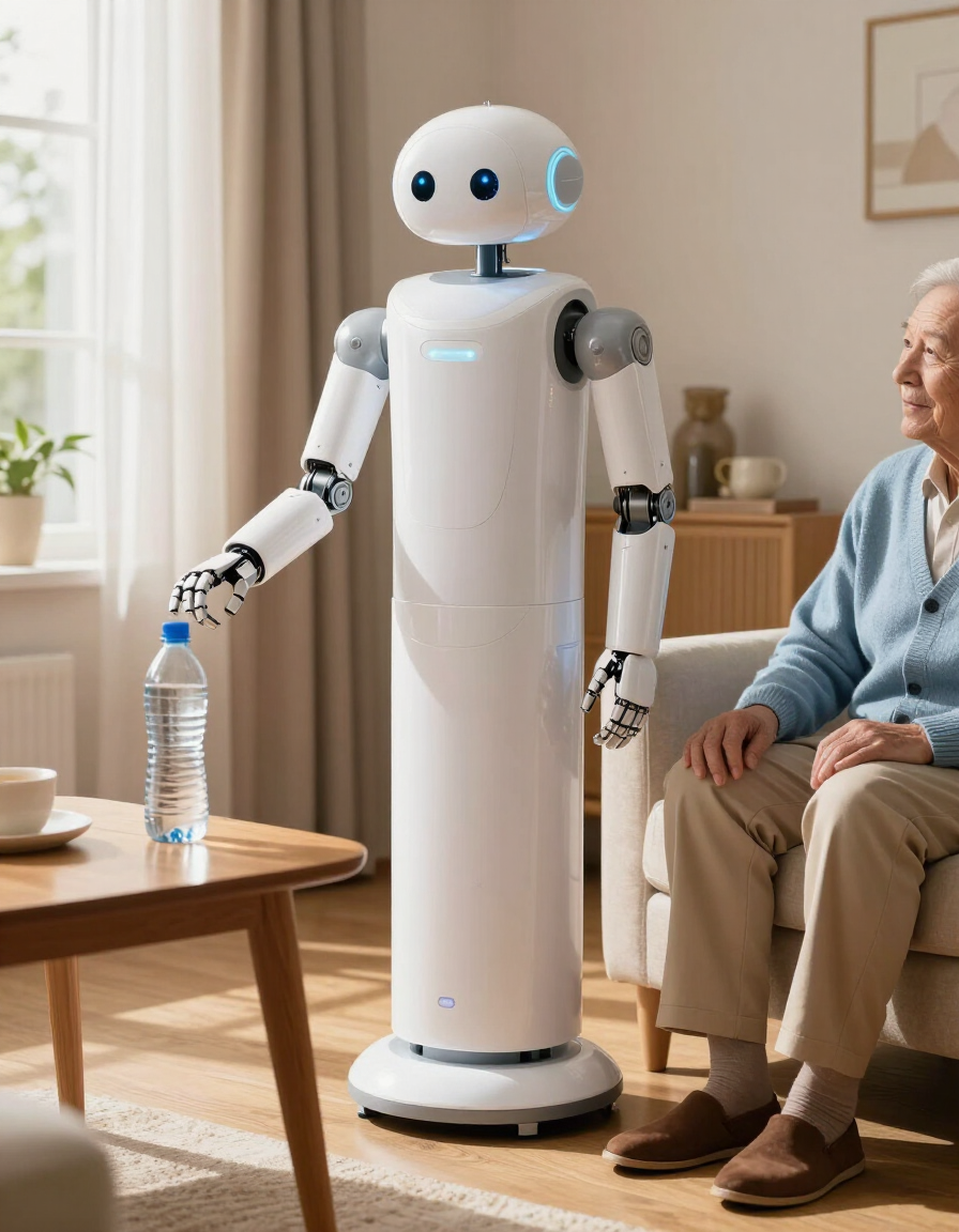 myBuddy v2 robotic arm reaching for a water bottle in a warm living room