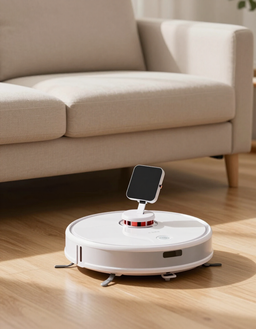 myBuddy v1 circular mobile home assistant robot in a warm living room setting