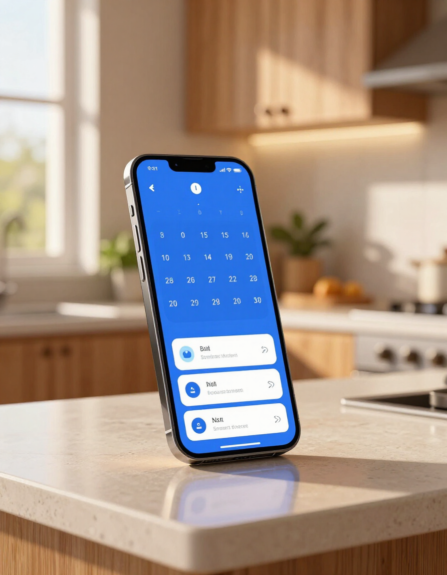 Smartphone displaying the myDay app with calendar and smart-home dashboard interface in a domestic setting