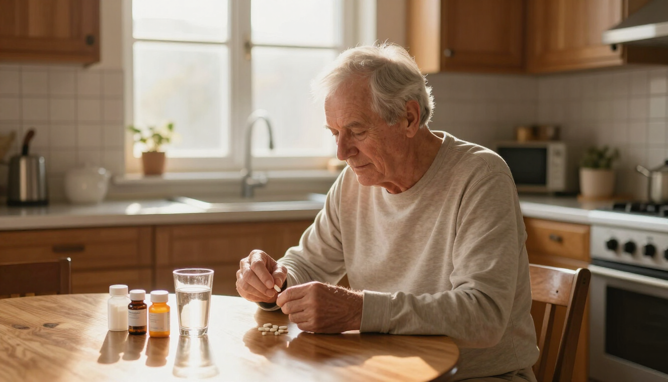 Elderly man in a kitchen taking his morning medication