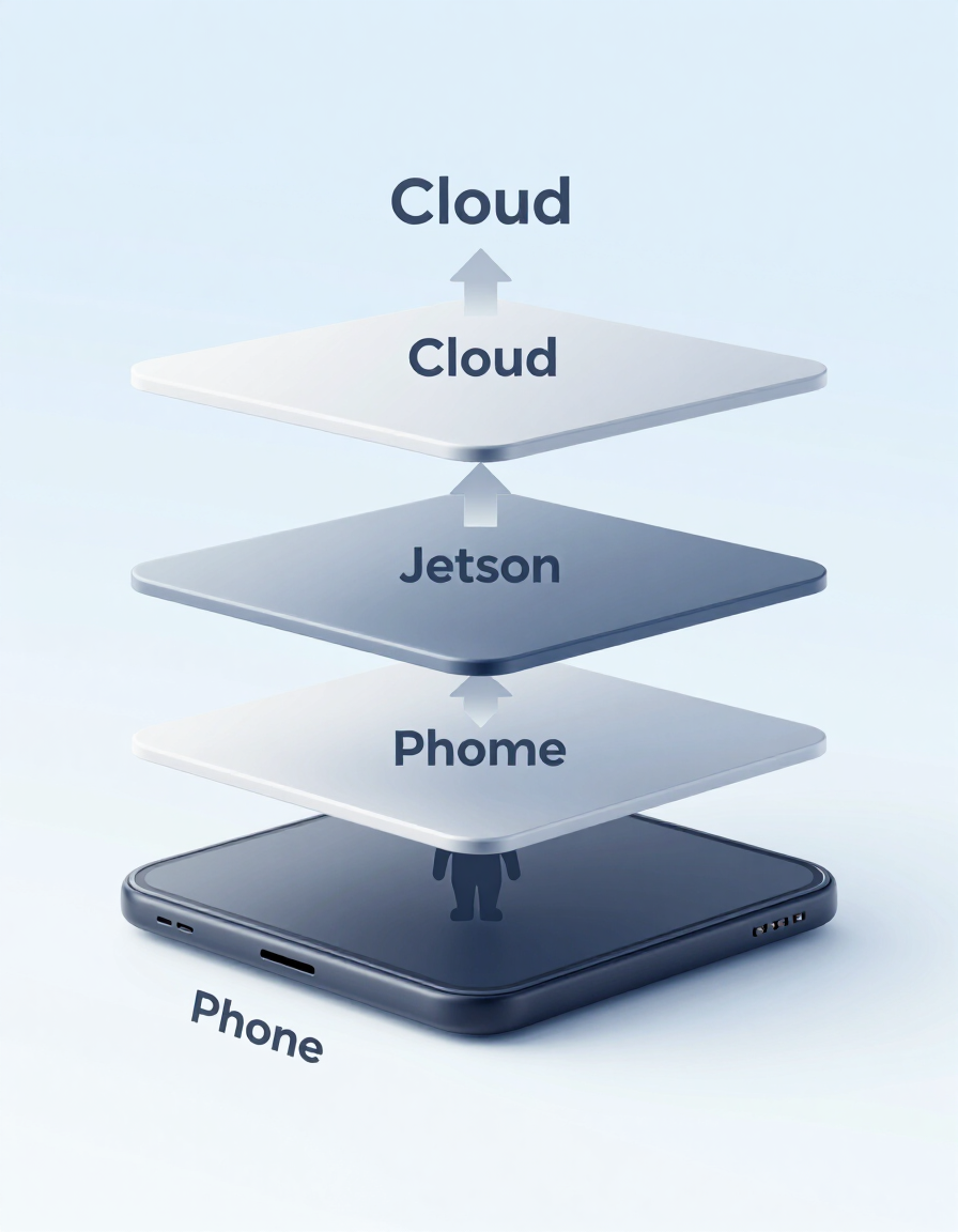 myBuddy flexible compute architecture diagram showing Phone, Jetson, and Cloud tiers