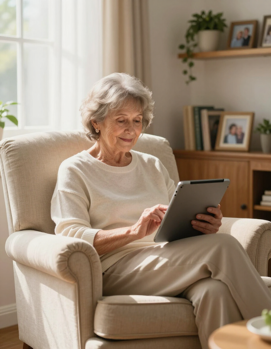 Elderly woman comfortably using a tablet in a bright living room, conveying calm trust