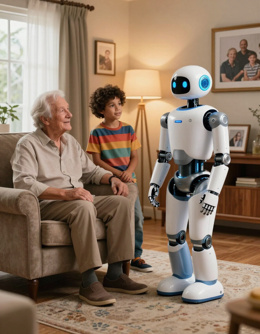 Grandparent and grandchild in a warm living room with myBuddy robot present