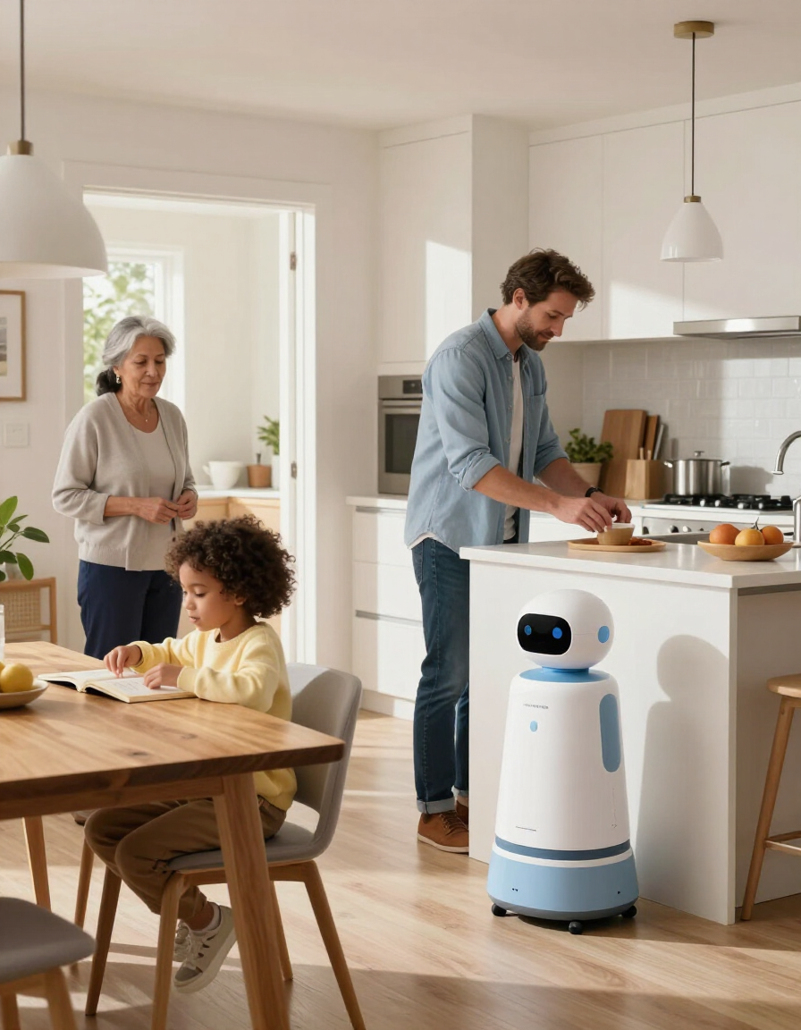 myBuddy robot in a warm family kitchen with a parent, child, and grandparent